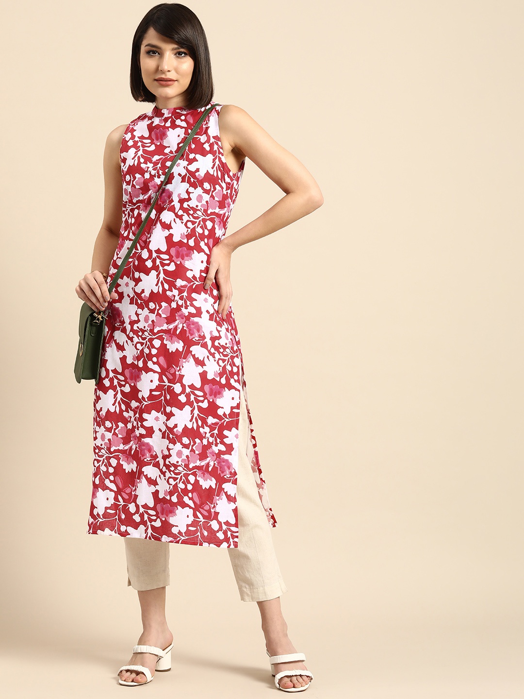 

Anouk Women Maroon & White Floral Printed Pure Cotton Kurta