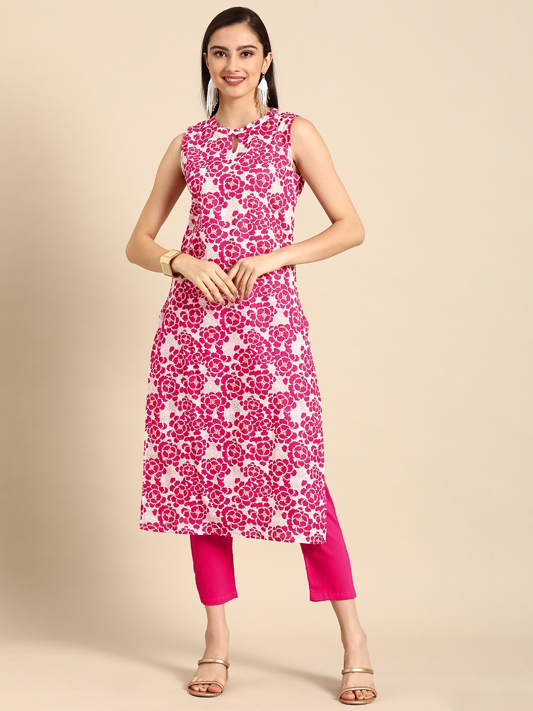 

Anouk Women Off White Floral Printed Pure Cotton Kurta with Trousers