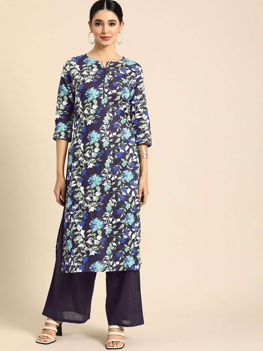

Anouk Women Navy Blue Floral Printed Pure Cotton Kurta with Trousers