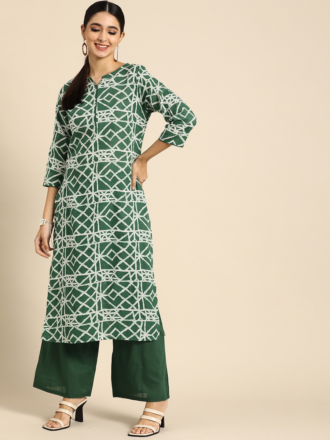 

Anouk Women Green Printed Pure Cotton Kurta with Palazzos