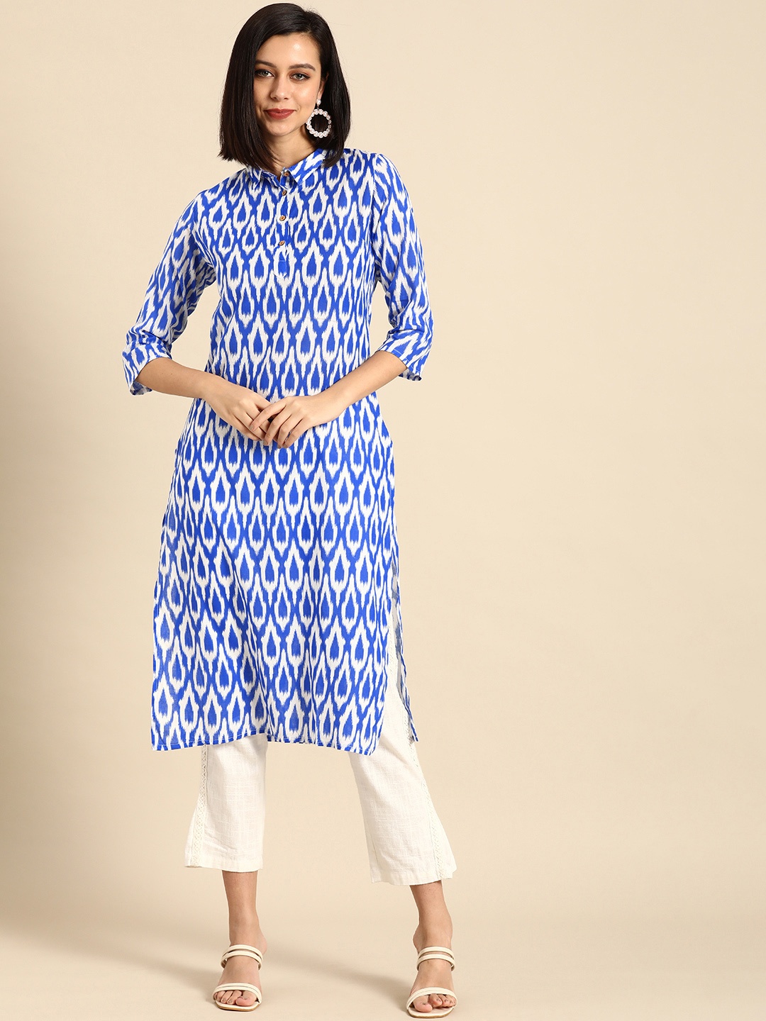 

Anouk Women Blue & White Ikat Printed Pure Cotton Straight Kurta