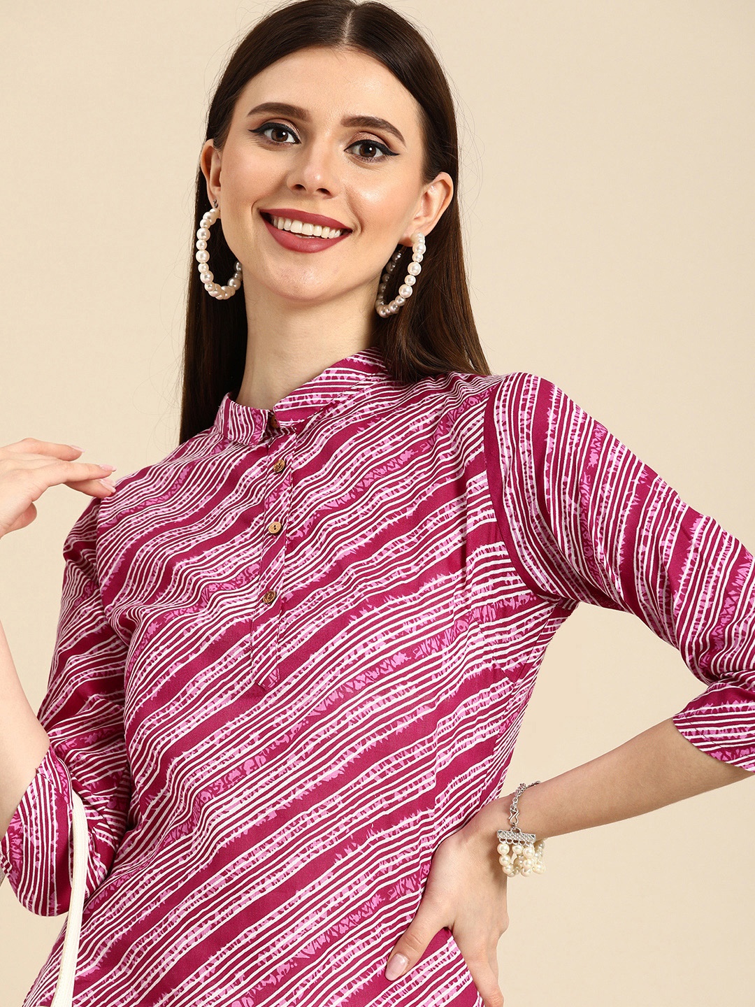 

Anouk Women Pink & Maroon Striped And Printed Pure Cotton Straight Kurta