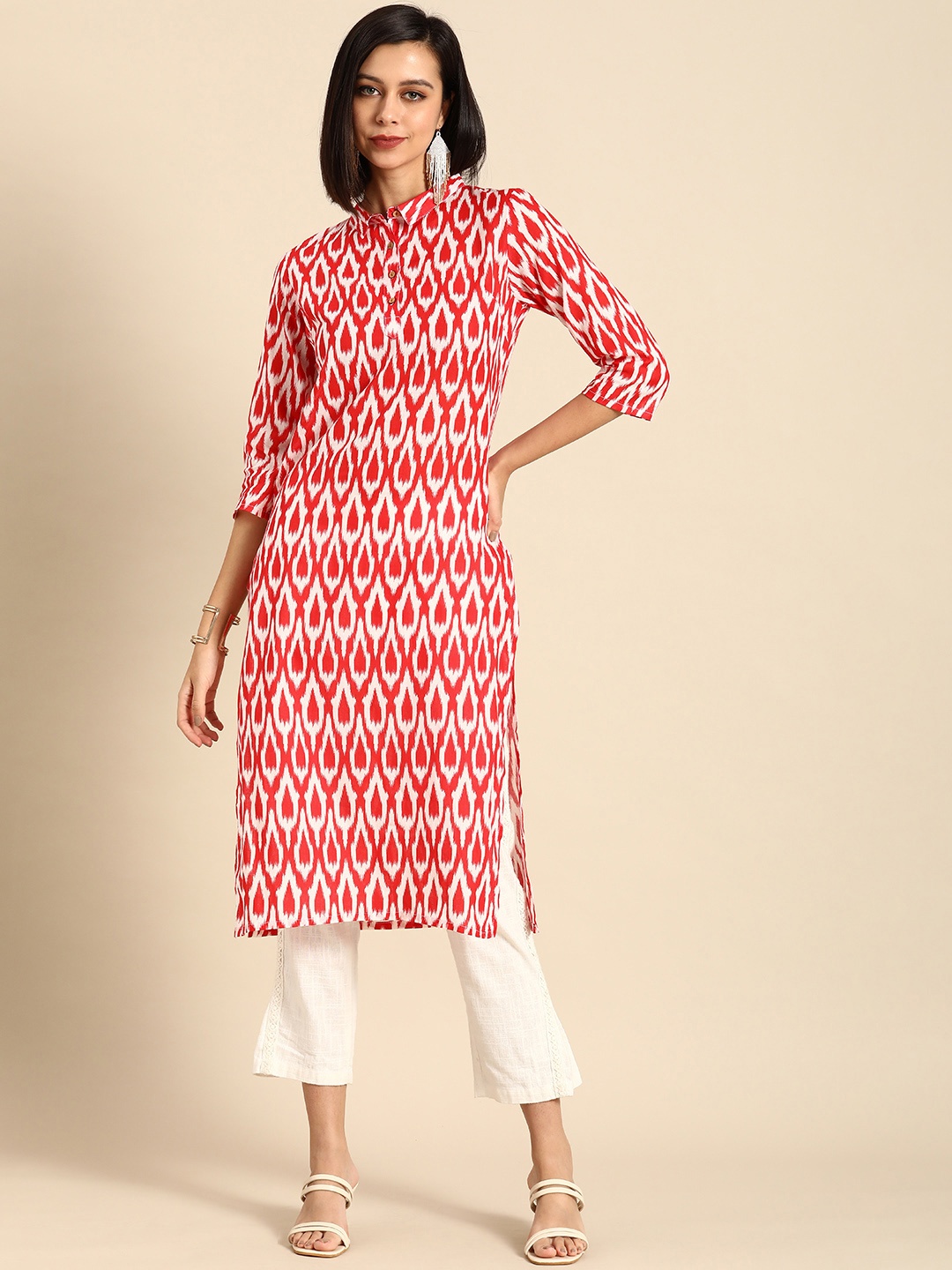 

Anouk Women Red & White Ikat Printed Pure Cotton Straight Kurta