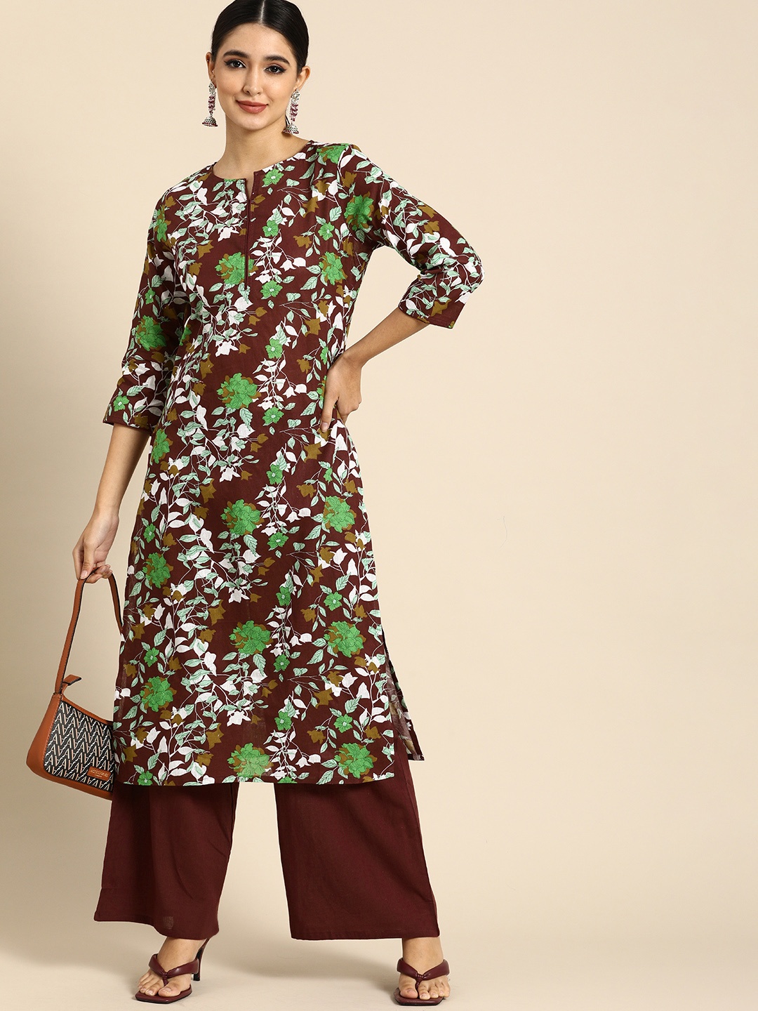 

Anouk Women Brown & Green Floral Printed Pure Cotton Kurta with Palazzos