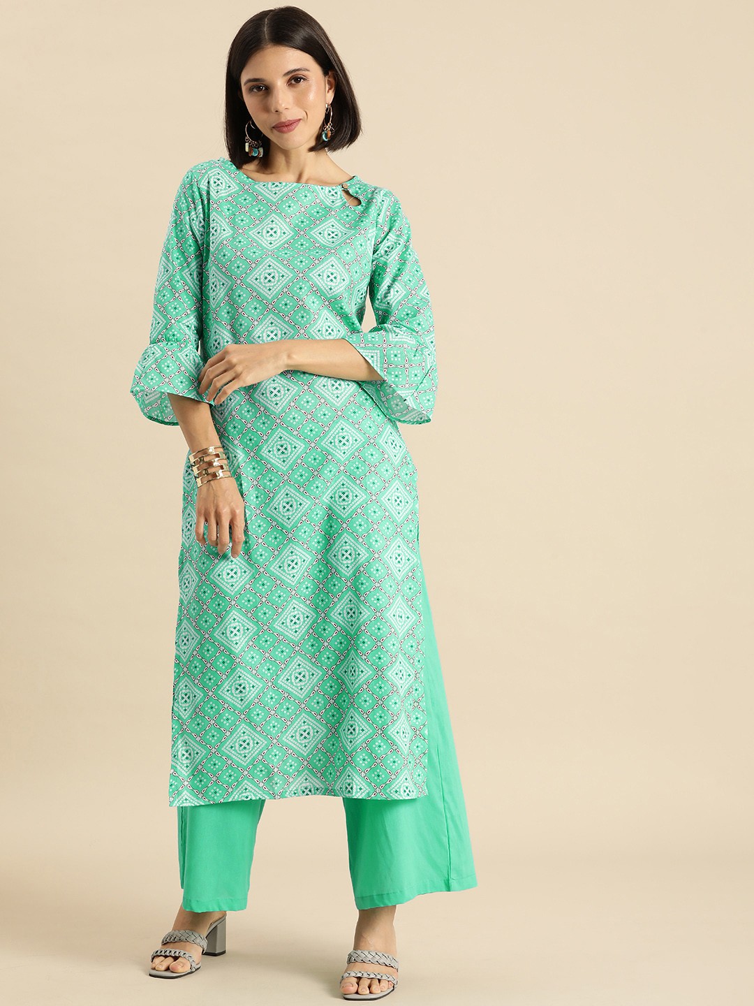 

Anouk Women Blue & White Bandhani Printed Pure Cotton Kurta Set