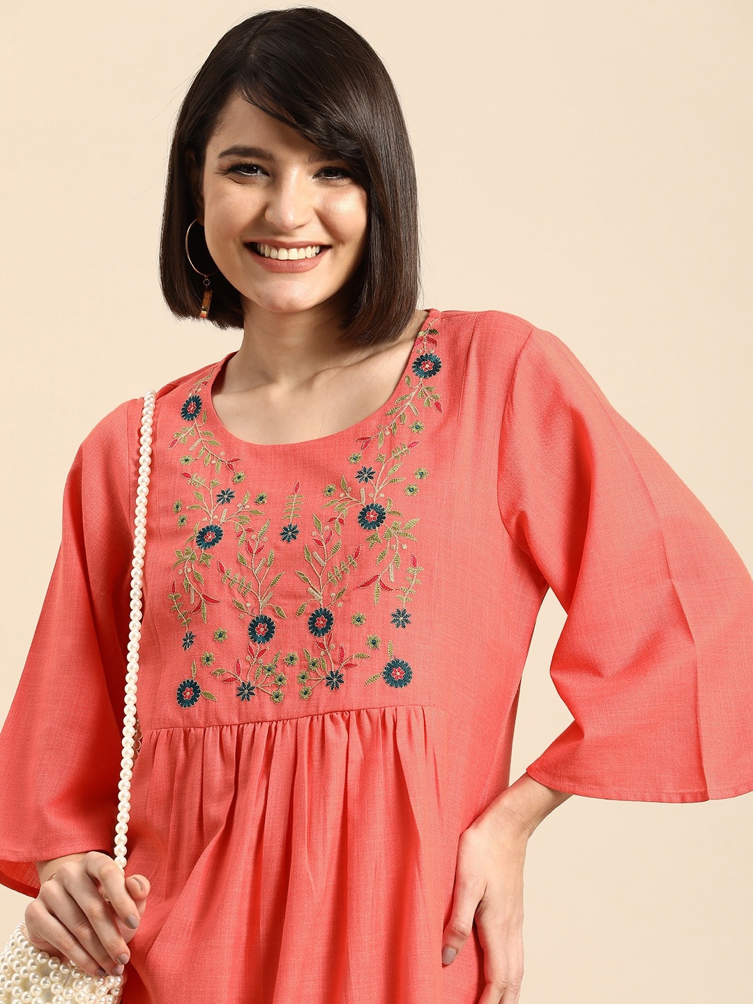 

Anouk Women Peach-Coloured Floral Embroidered Flared Sleeves Kurta