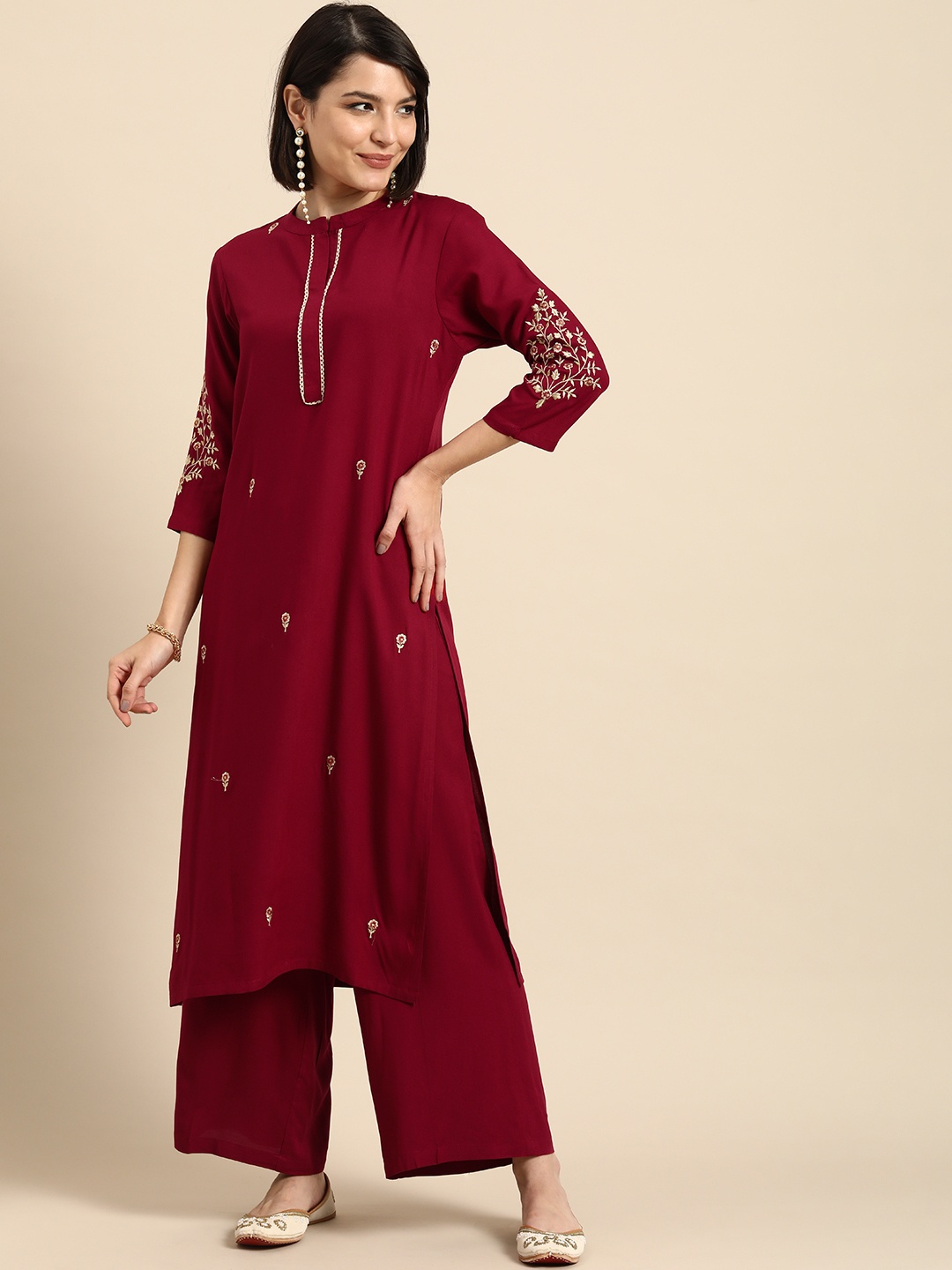 

Anouk Women Maroon Floral Embroidered Kurta with Palazzos