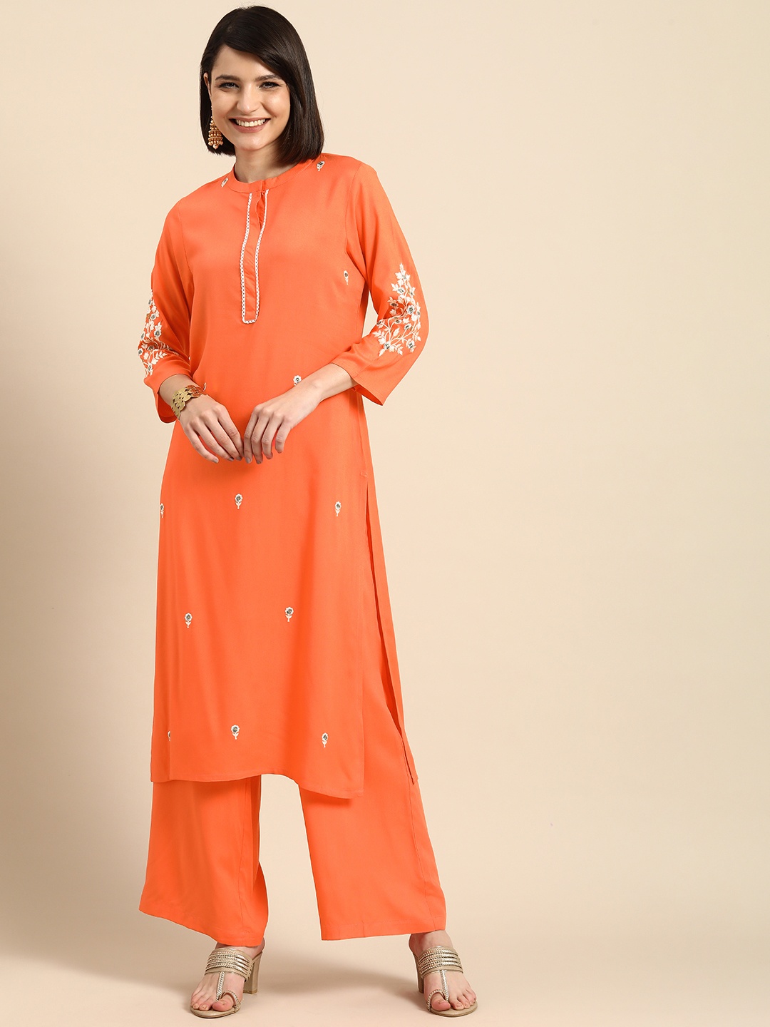 

Anouk Women Orange Floral Embroidered Kurta with Palazzos