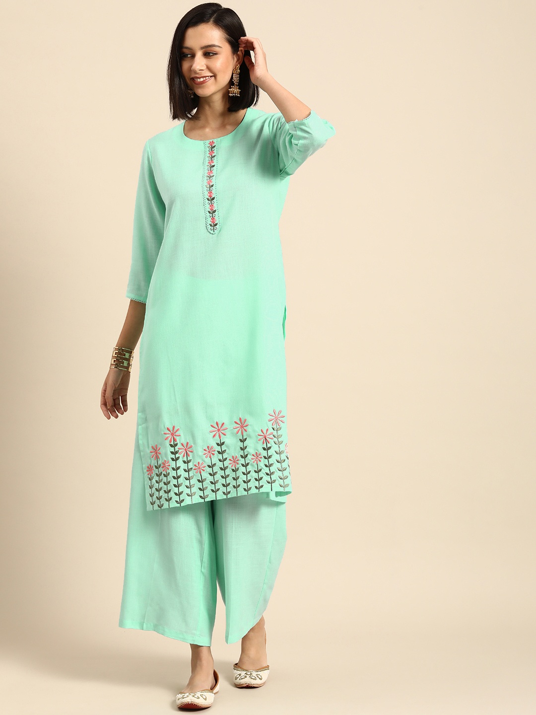 

Anouk Women Sea Green Floral Embroidered Kurta with Palazzos