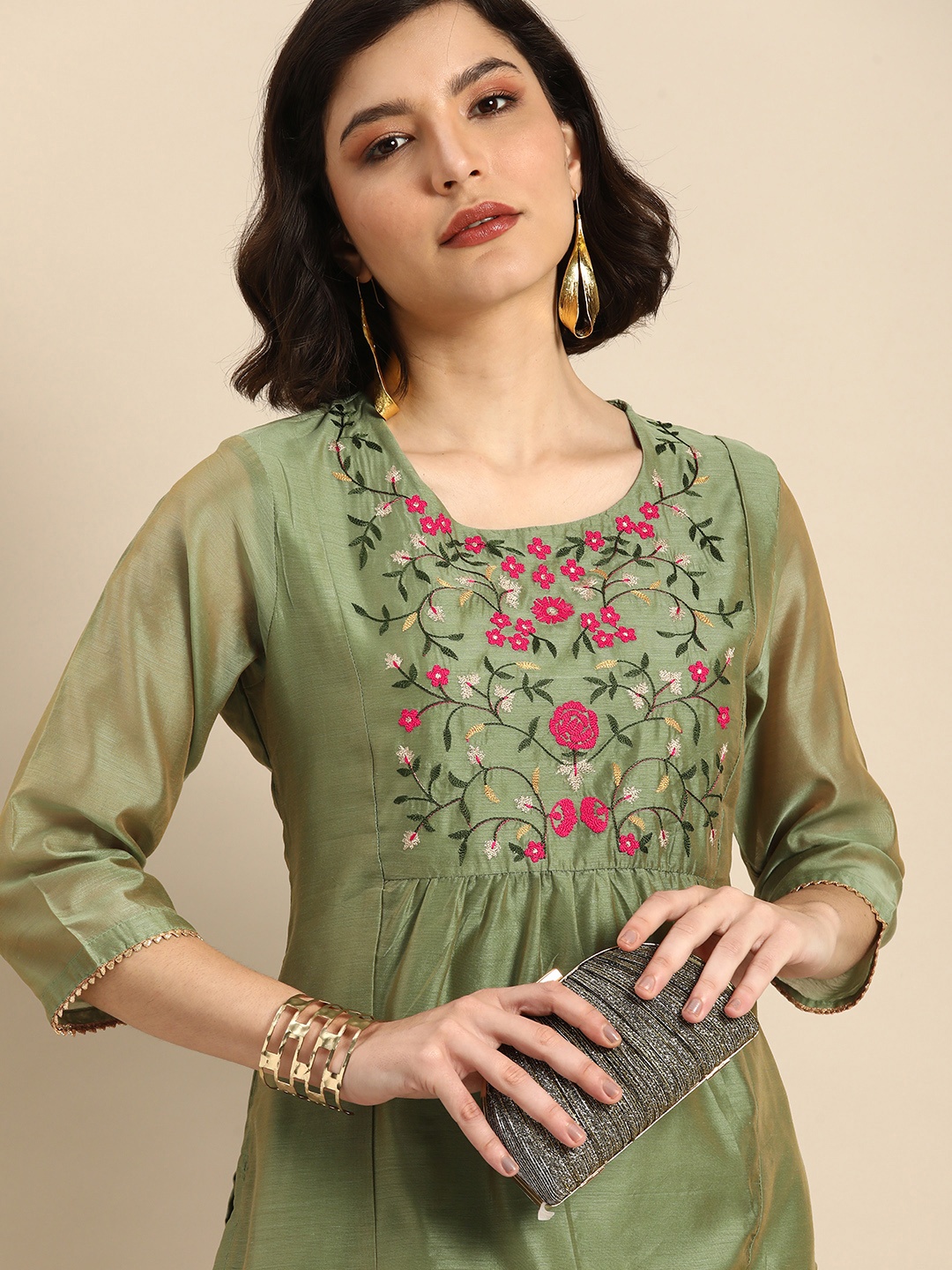 

Anouk Women Green Floral Embroidered Pleated Kurta Set