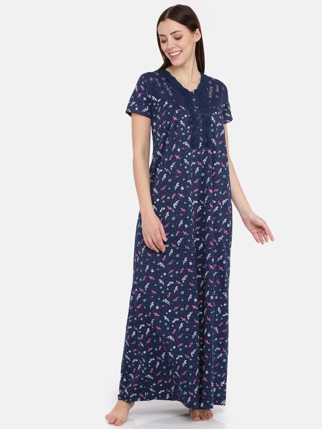 

9shines Label Women Navy Blue Printed Maxi Nightdress