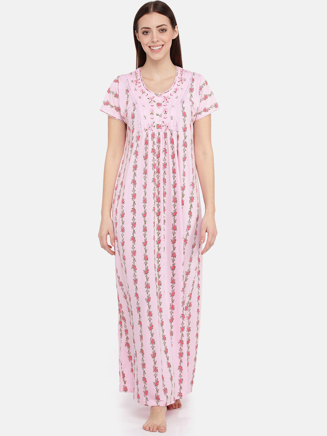

9shines Label Women Pink Printed Pure Cotton Maxi Nightdress