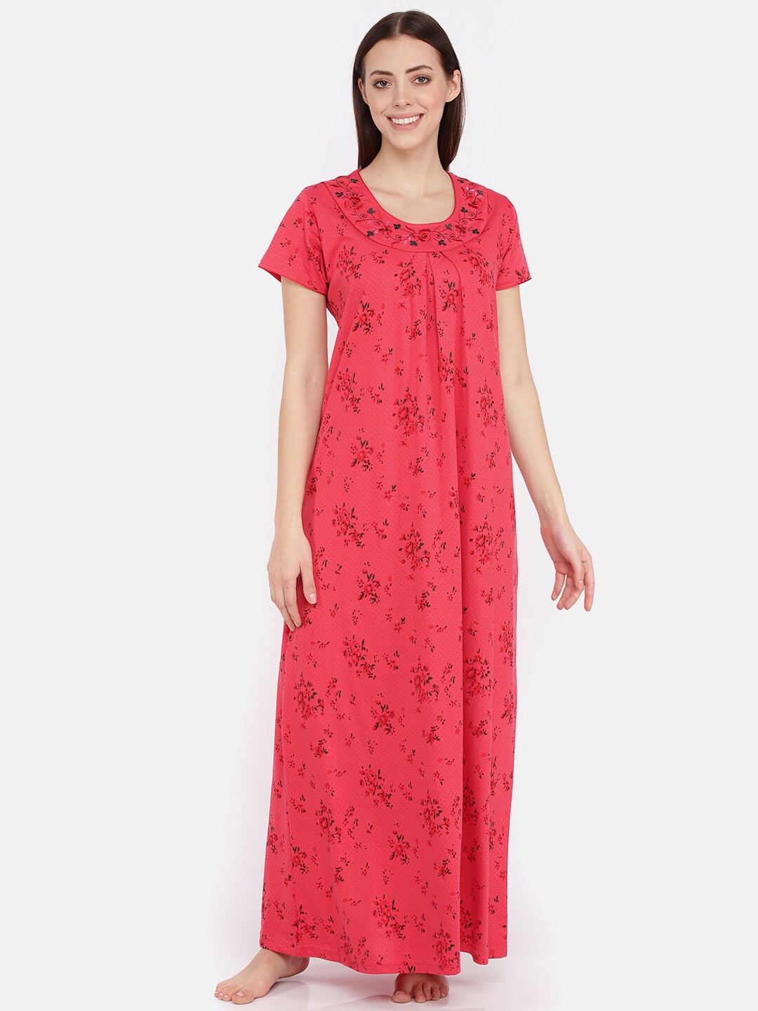 

9shines Label Women Pink & Red Floral Embroidered Nightdress