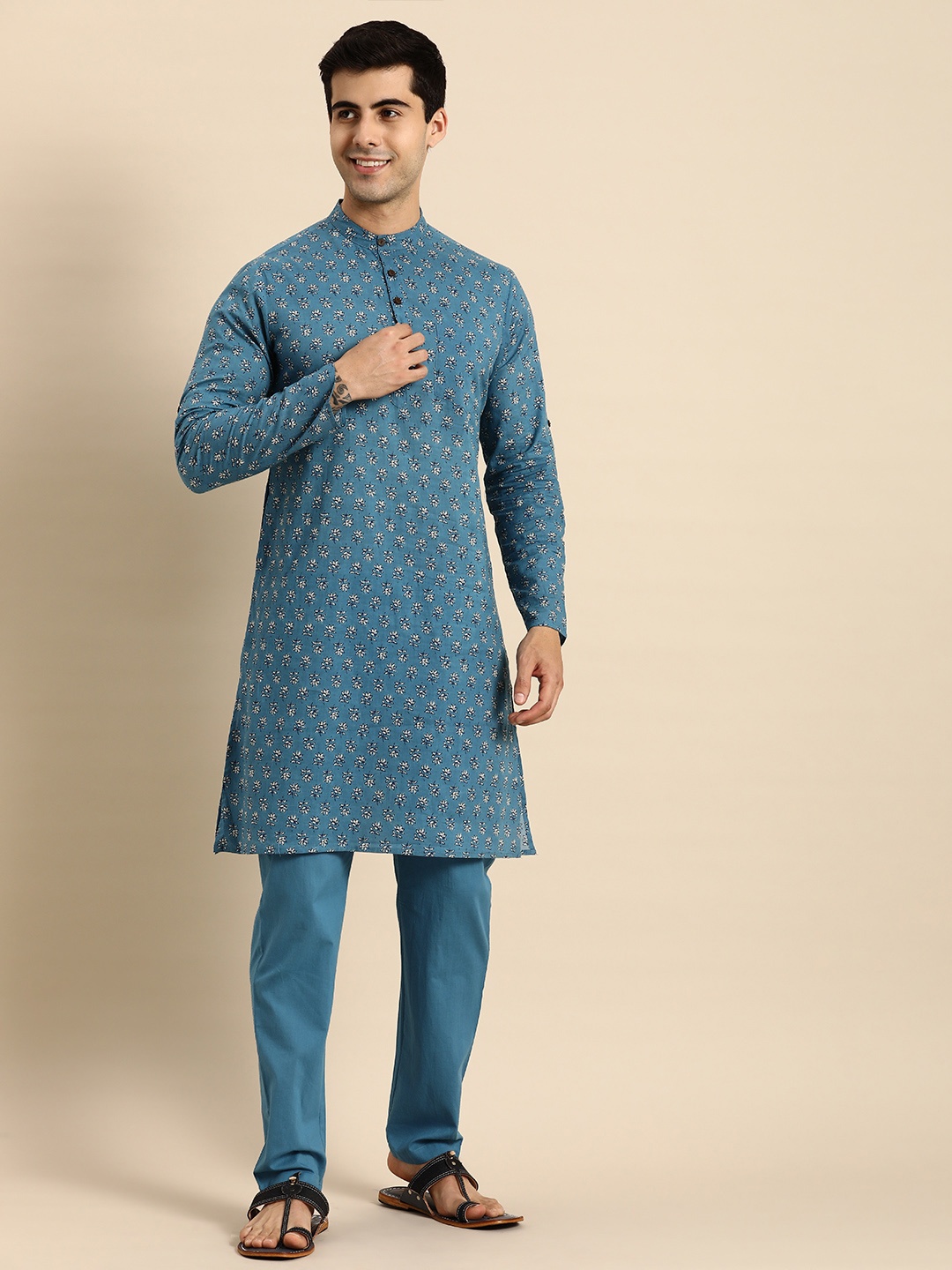 

Anouk Men Blue Printed Pure Cotton Kurta with Trousers