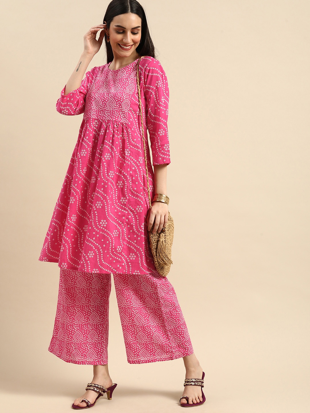 

Anouk Women Pink Bandhani Printed Empire Pure Cotton Kurta with Palazzos