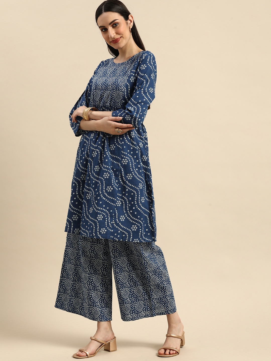 

Anouk Women Blue Bandhani Printed Empire Pure Cotton Kurta with Palazzos