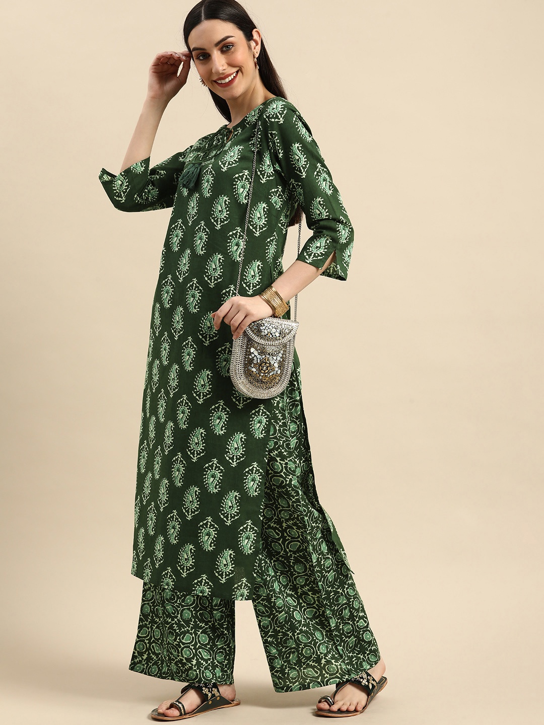 

Anouk Women Green Ethnic Motifs Printed Pure Cotton Kurta with Palazzos