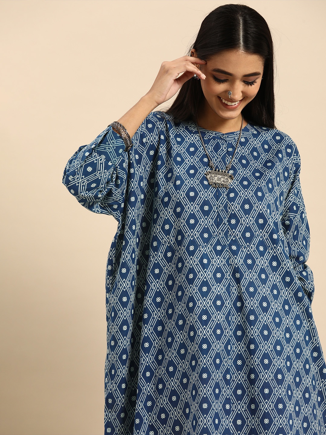 

Anouk Women Blue & White Printed Oversized Kurta