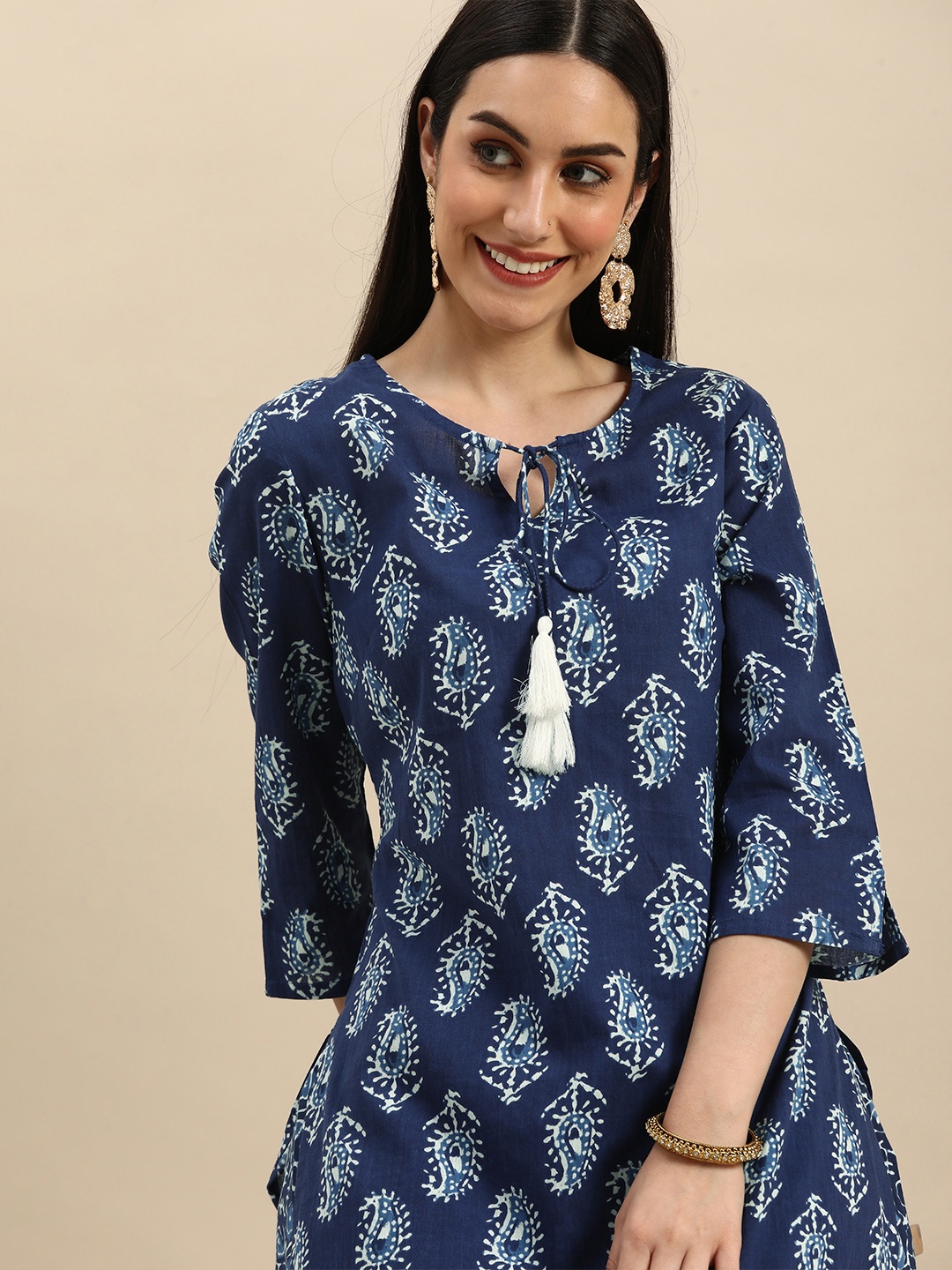 

Anouk Women Navy Blue Ethnic Motifs Printed Pure Cotton Kurta with Palazzos
