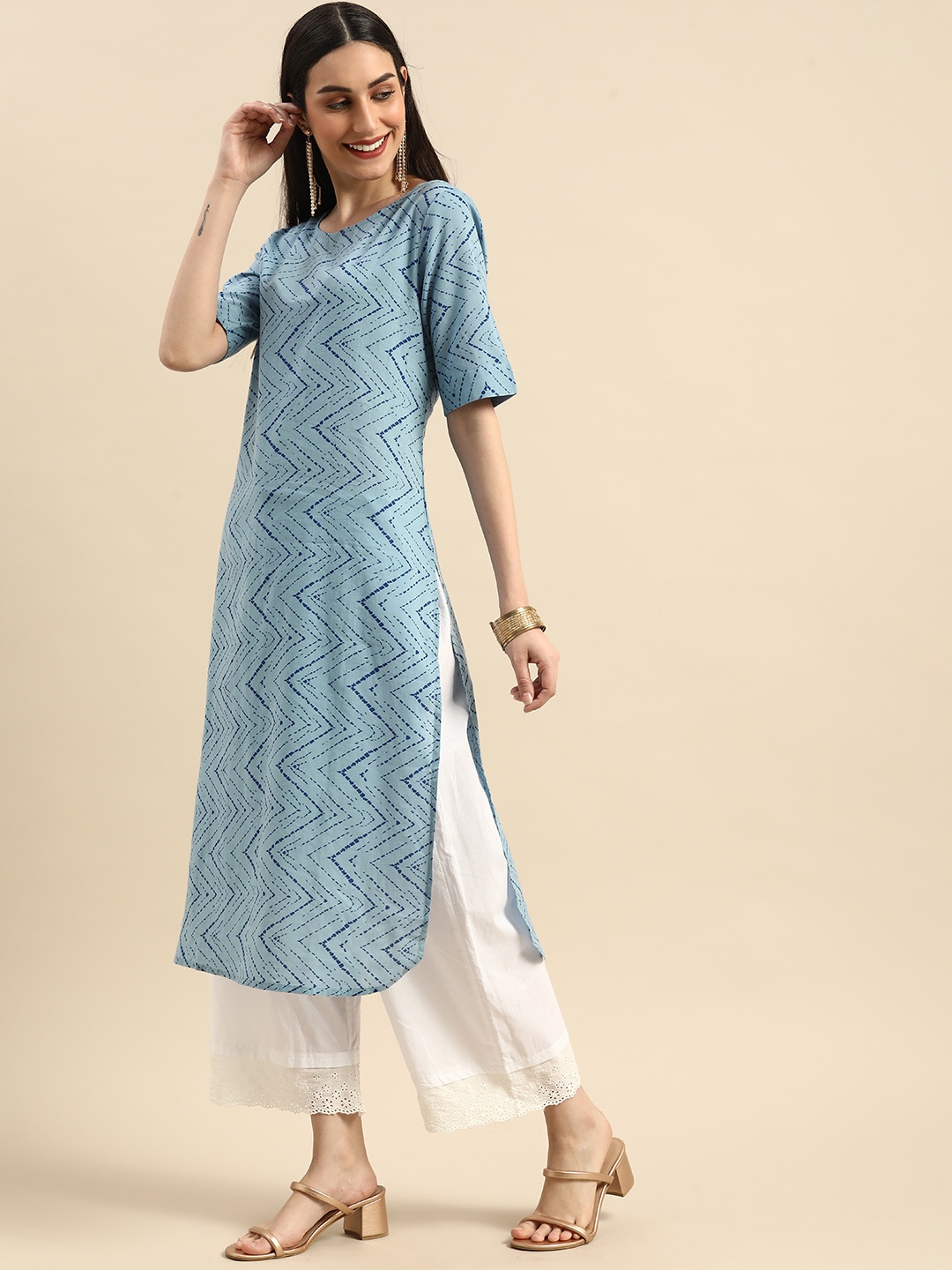 

Anouk Women Blue Chevron Printed Pure Cotton Kurta