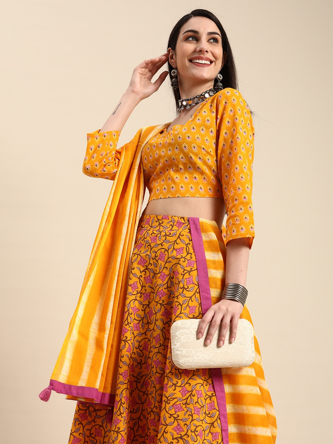 

Anouk Mustard & Pink Printed Ready to Wear Lehenga Choli