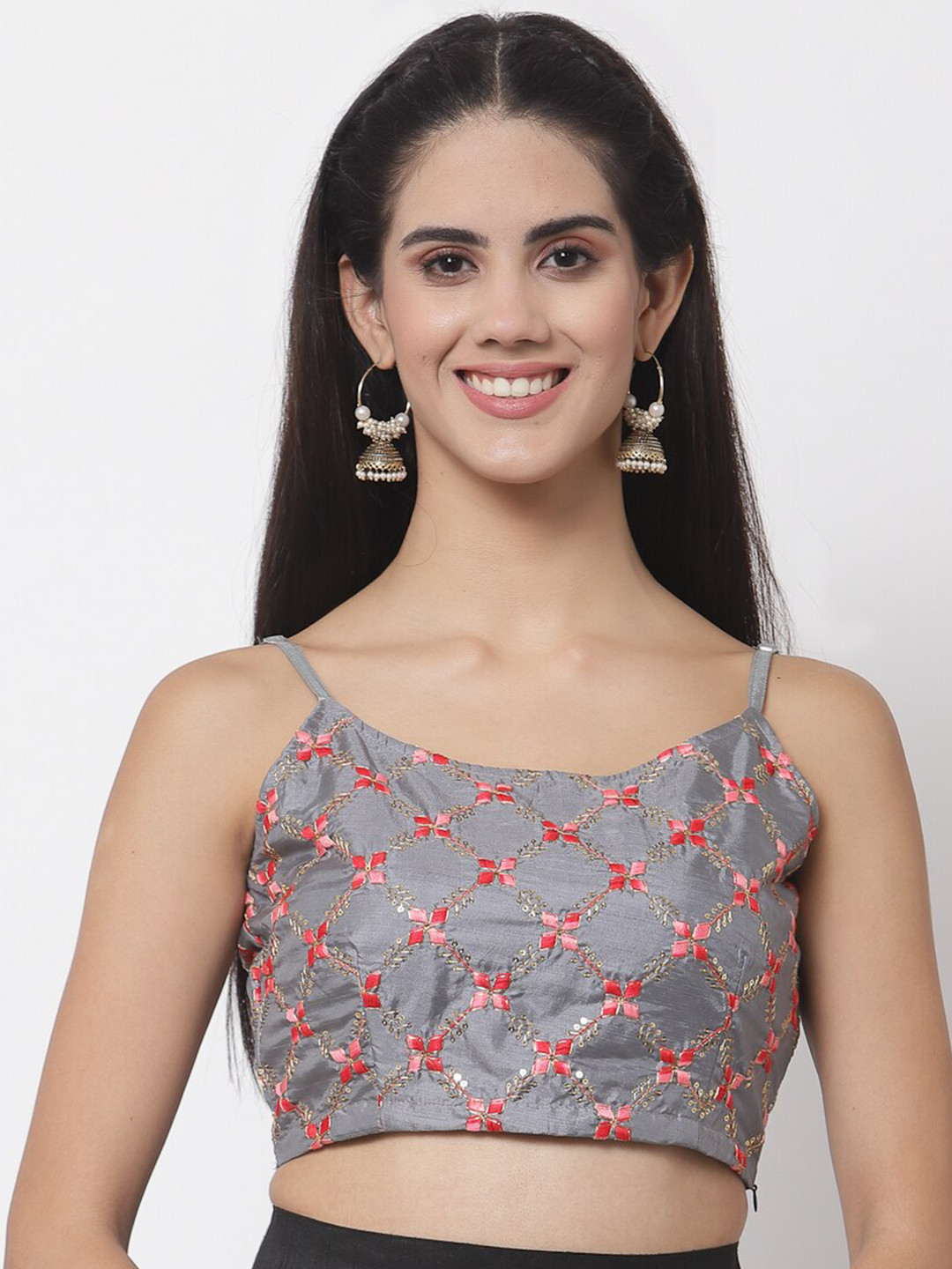

studio rasa Women Grey & Pink Floral Embroidered Ethnic Crop Top