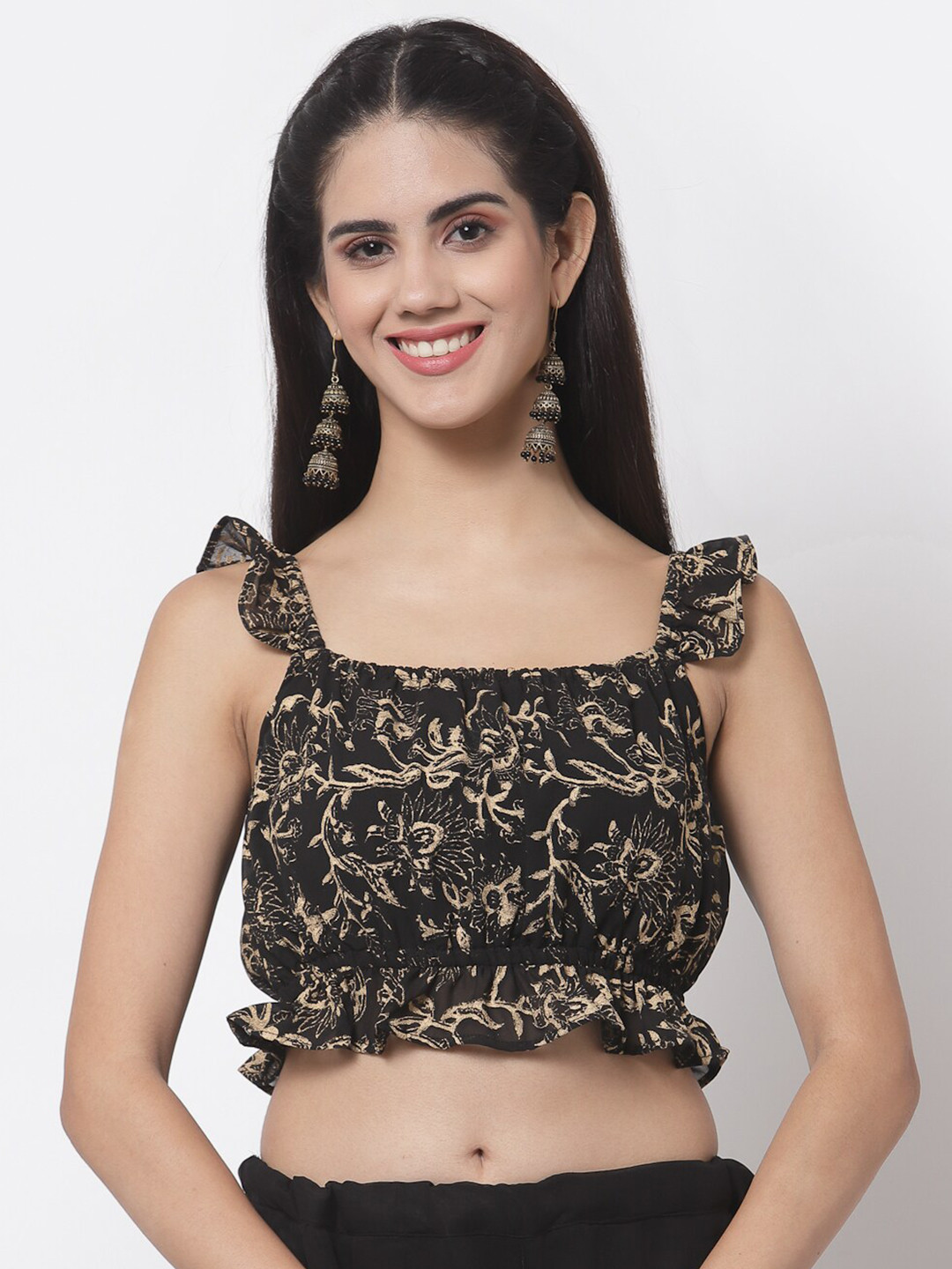 

studio rasa Black & Beige Floral Print Ruffles Georgette Blouson Crop Top