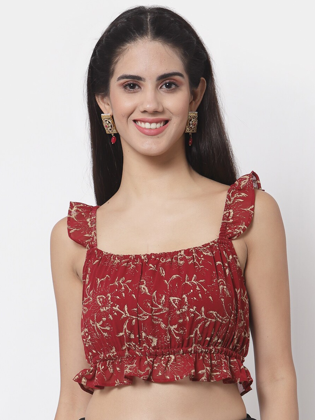 

studio rasa Women Maroon Floral Printed Ruffles Georgette Crop Top