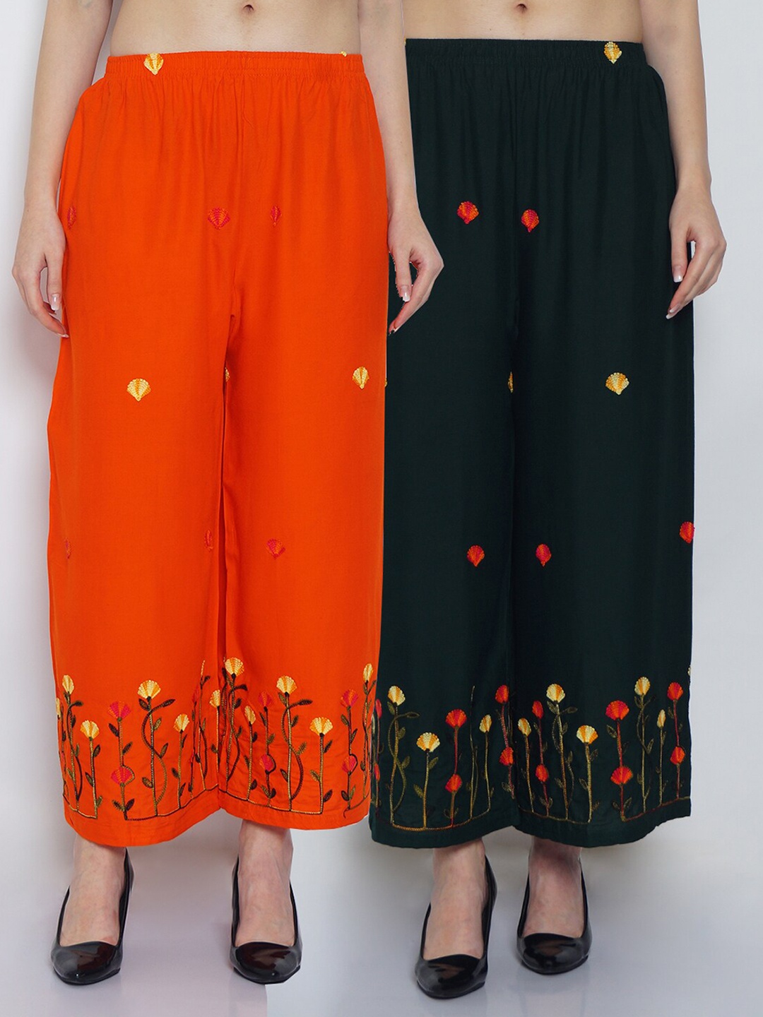 

Jinfo Women Pack Of 2 Orange & Green Floral Embroidered Flared Ethnic Palazzos