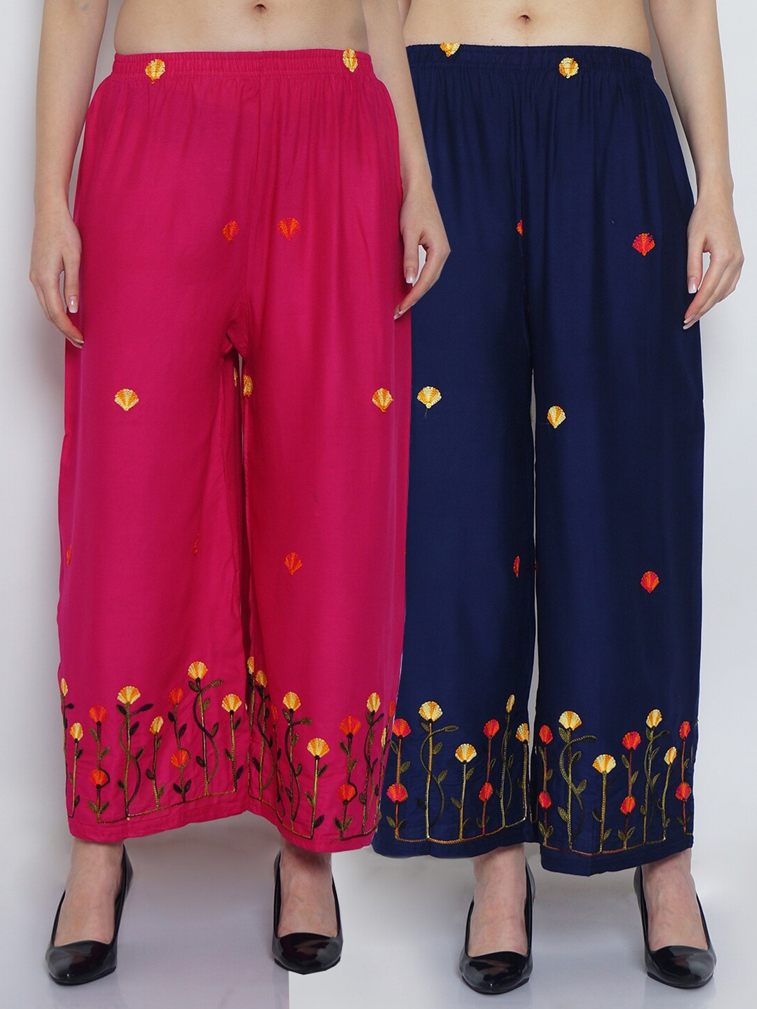 

Jinfo Women Pink & Navy Blue 2 Floral Embroidered Flared Knitted Ethnic Palazzos