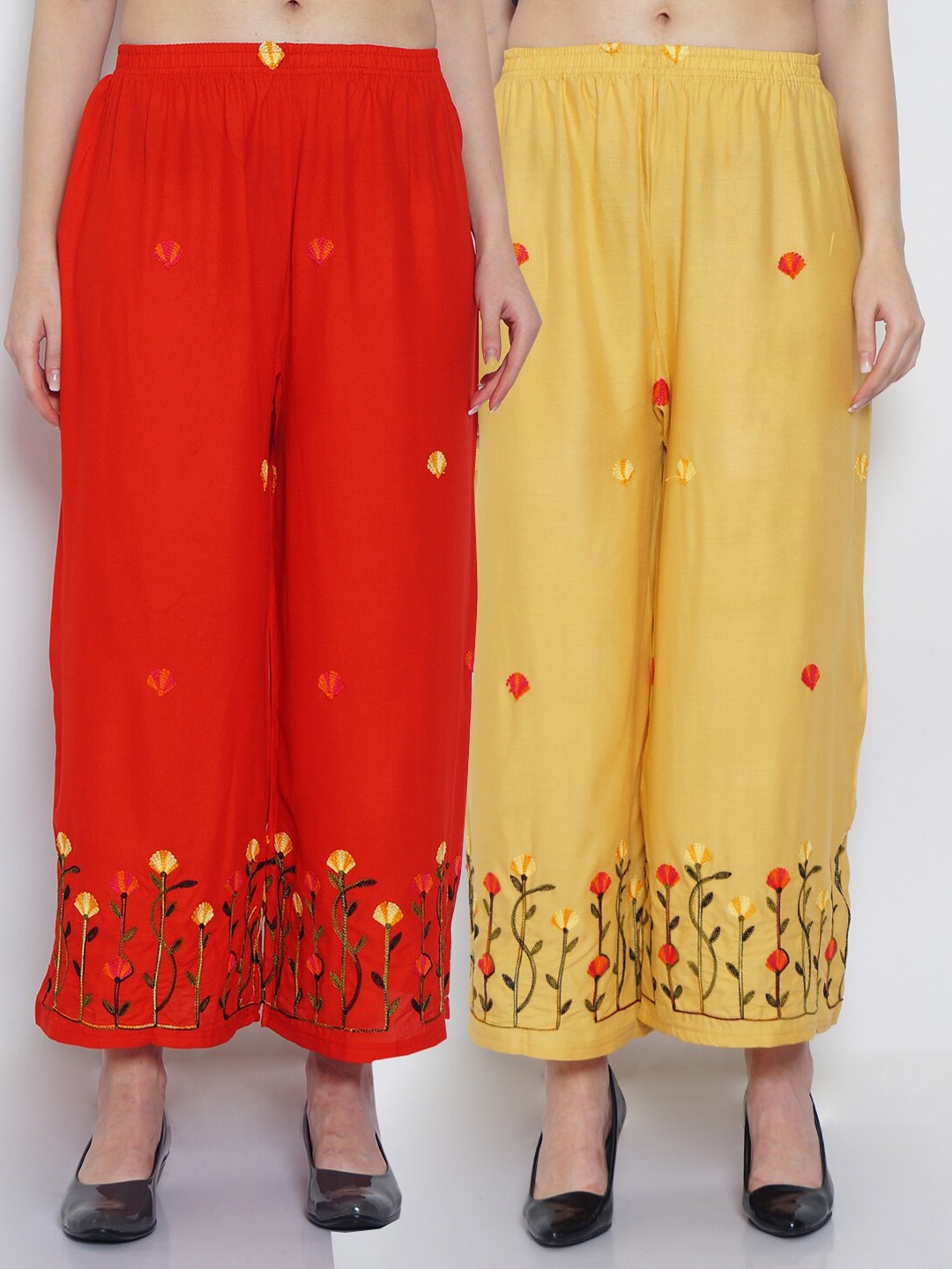 

Jinfo Women Pack Of 2 Red & Beige Embroidered Flared Palazzos