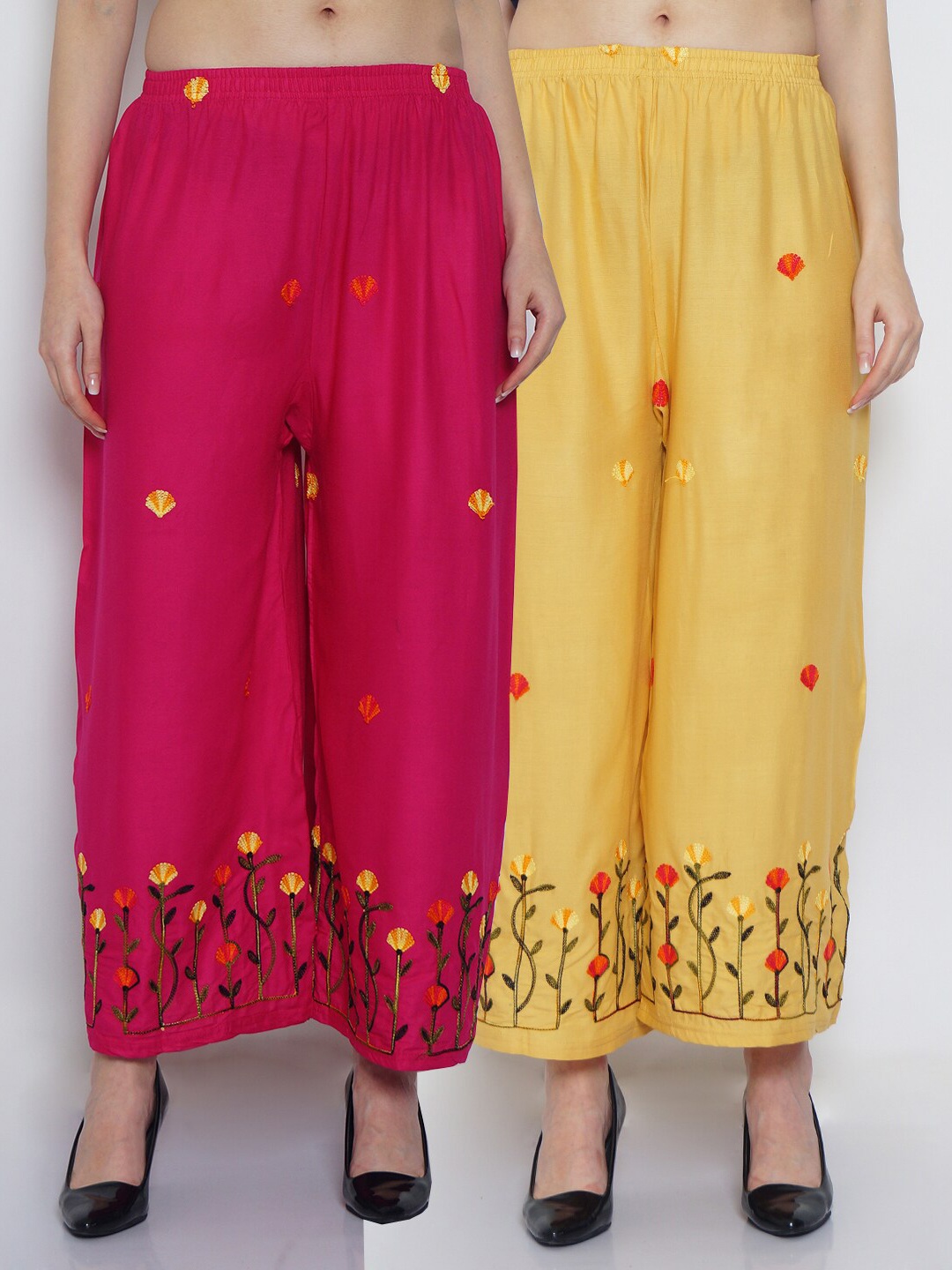 

Jinfo Women Pack of 2 Floral Embroidered Flared Ethnic Palazzos, Pink