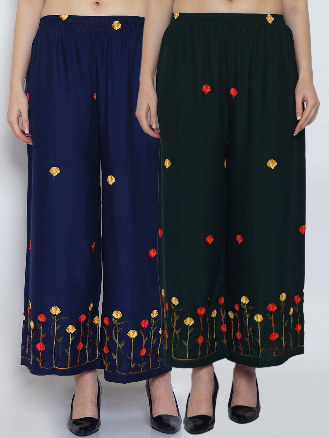 

Jinfo Women Pack of 2 Embroidered Flared Knitted Ethnic Palazzos, Green