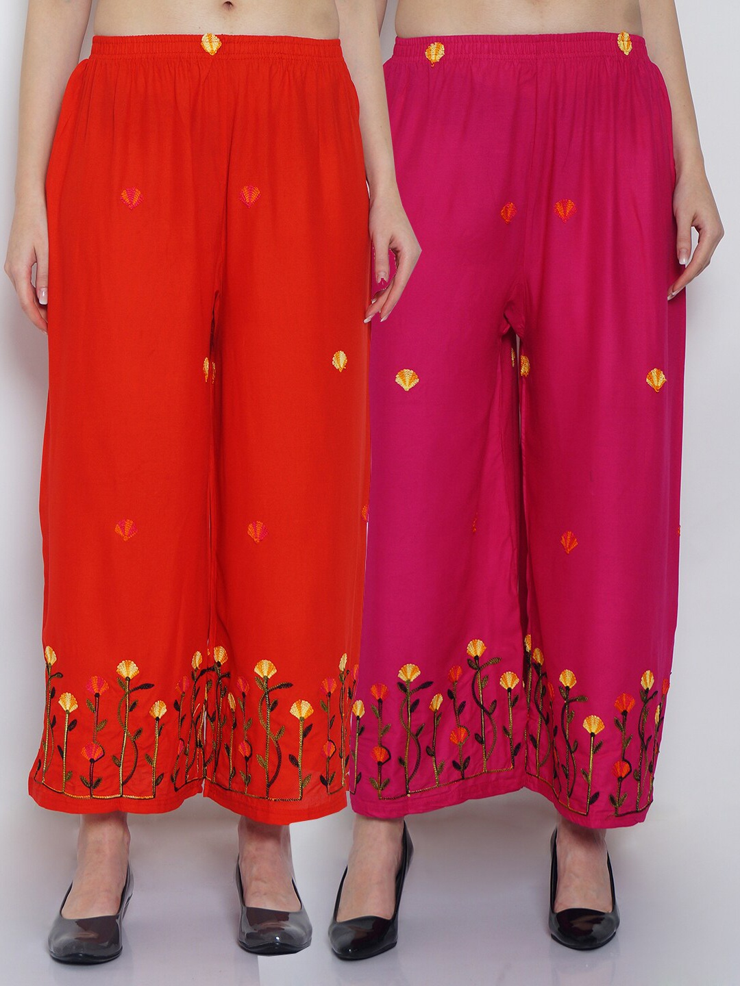 

Jinfo Women Pack Of 2 Red & Magenta Floral Embroidered Flared Knitted Ethnic Palazzos