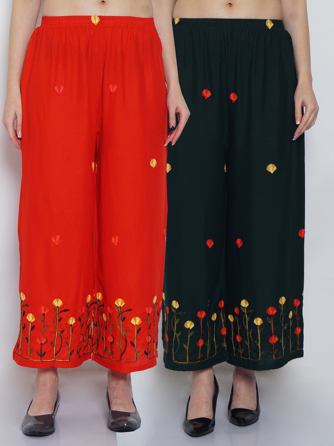 

Jinfo Women Red & Green 2 Floral Embroidered Flared Ethnic Palazzos