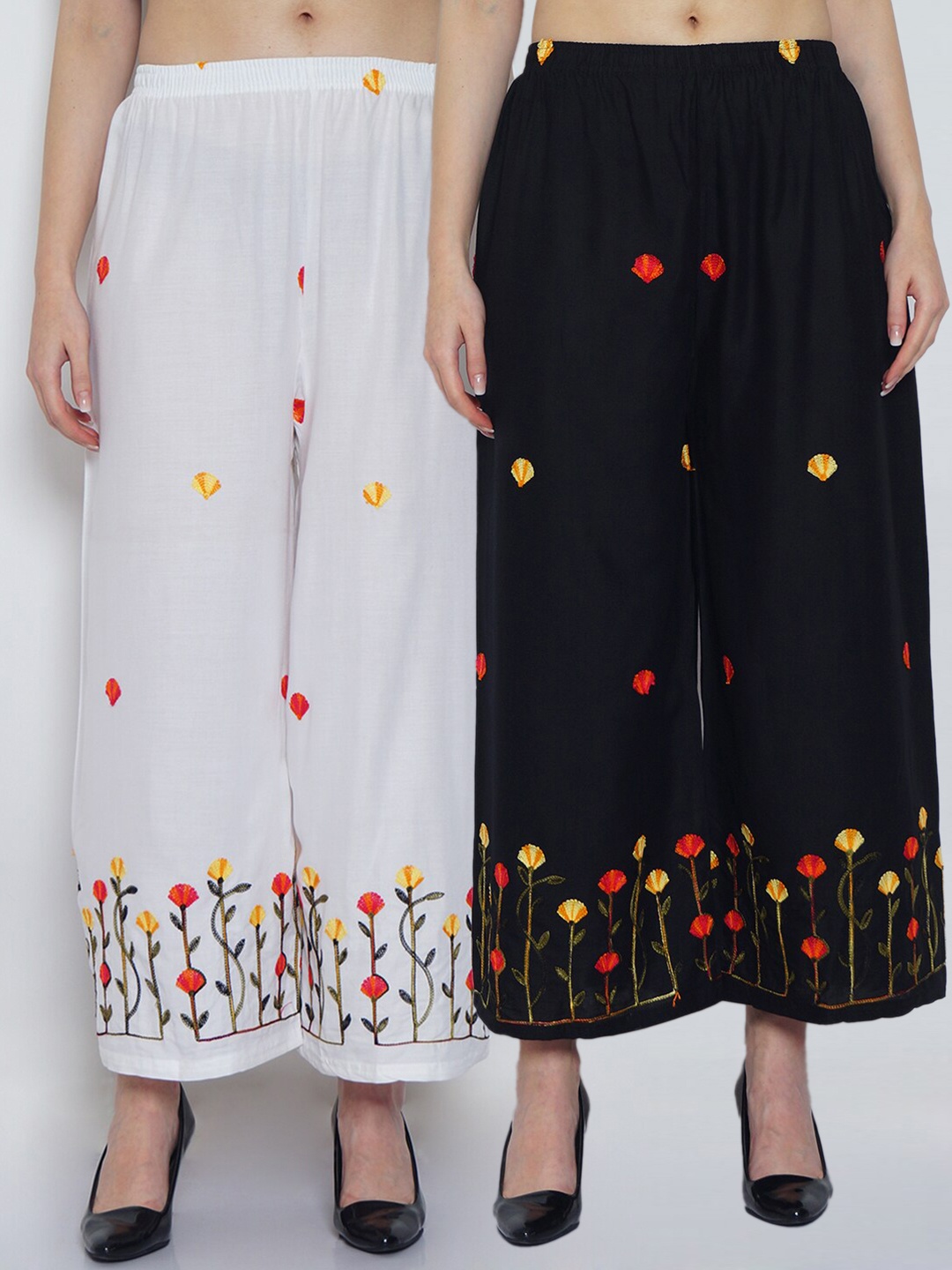 

Jinfo Women Black & White Set Of 2 Floral Embroidered Flared Knitted Ethnic Palazzos