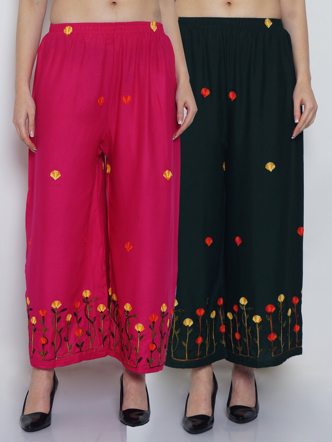 

Jinfo Set Of 2 Women Pink & Green Floral Embroidered Flared Ethnic Palazzos
