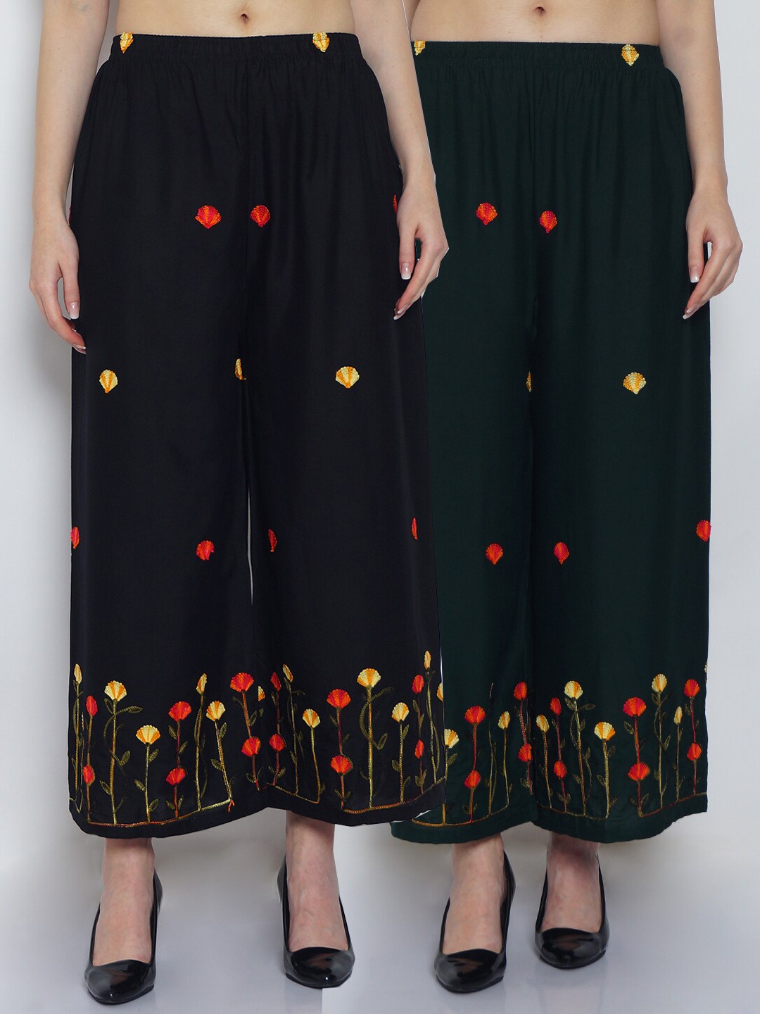 

Jinfo Women Pack of 2 Floral Embroidered Flared Knitted Ethnic Palazzos, Black