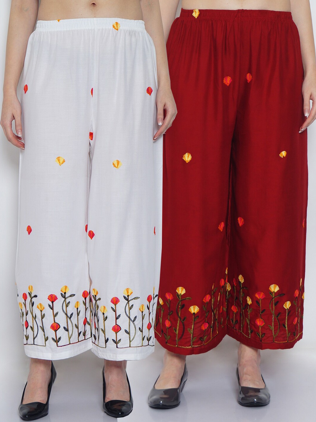 

Jinfo Women Pack Of 2 White & Maroon Floral Embroidered Flared Ethnic Palazzos