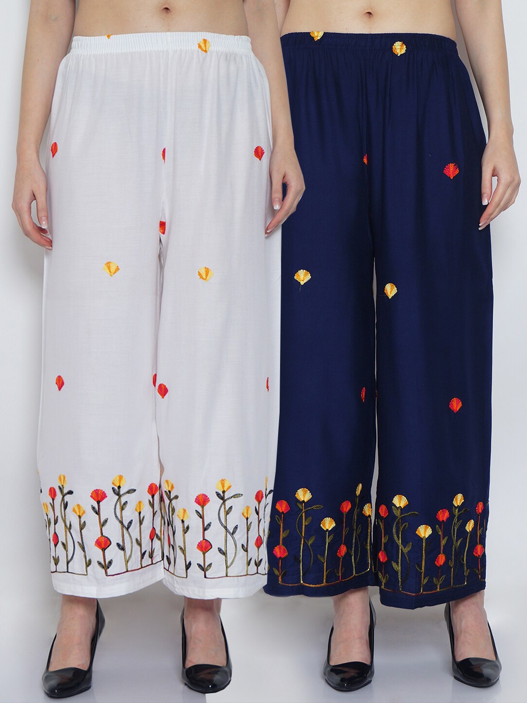 

Jinfo Women Pack of 2 White & Navy Blue Ethnic Motifs Embroidered Ethnic Palazzos
