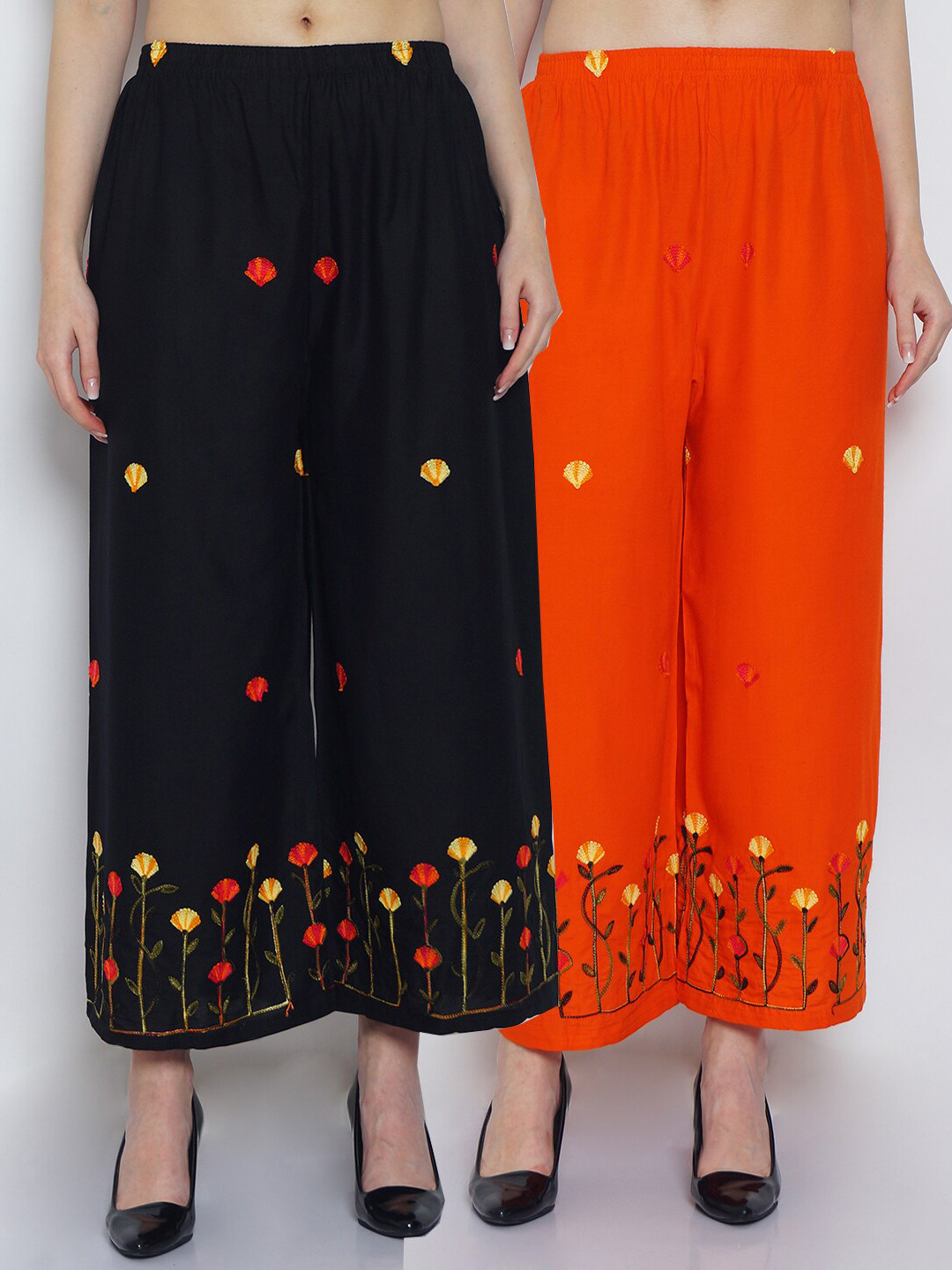 

Jinfo Women Pack Of 2 Black & Orange Floral Embroidered Flared Ethnic Palazzos