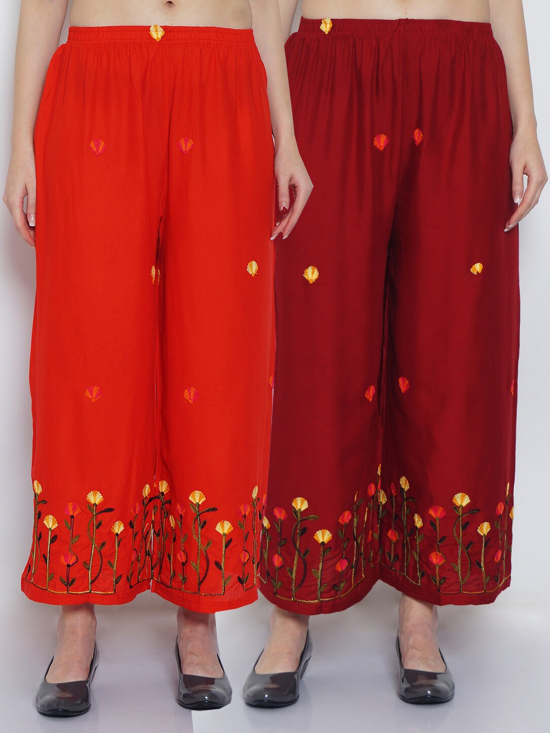 

Jinfo Pack Of 2 Floral Embroidered Flared Ethnic Palazzos, Red