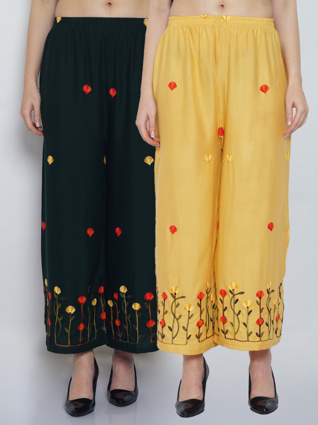 

Jinfo Women Pack Of 2 Beige & Green Floral Embroidered Flared Ethnic Palazzos