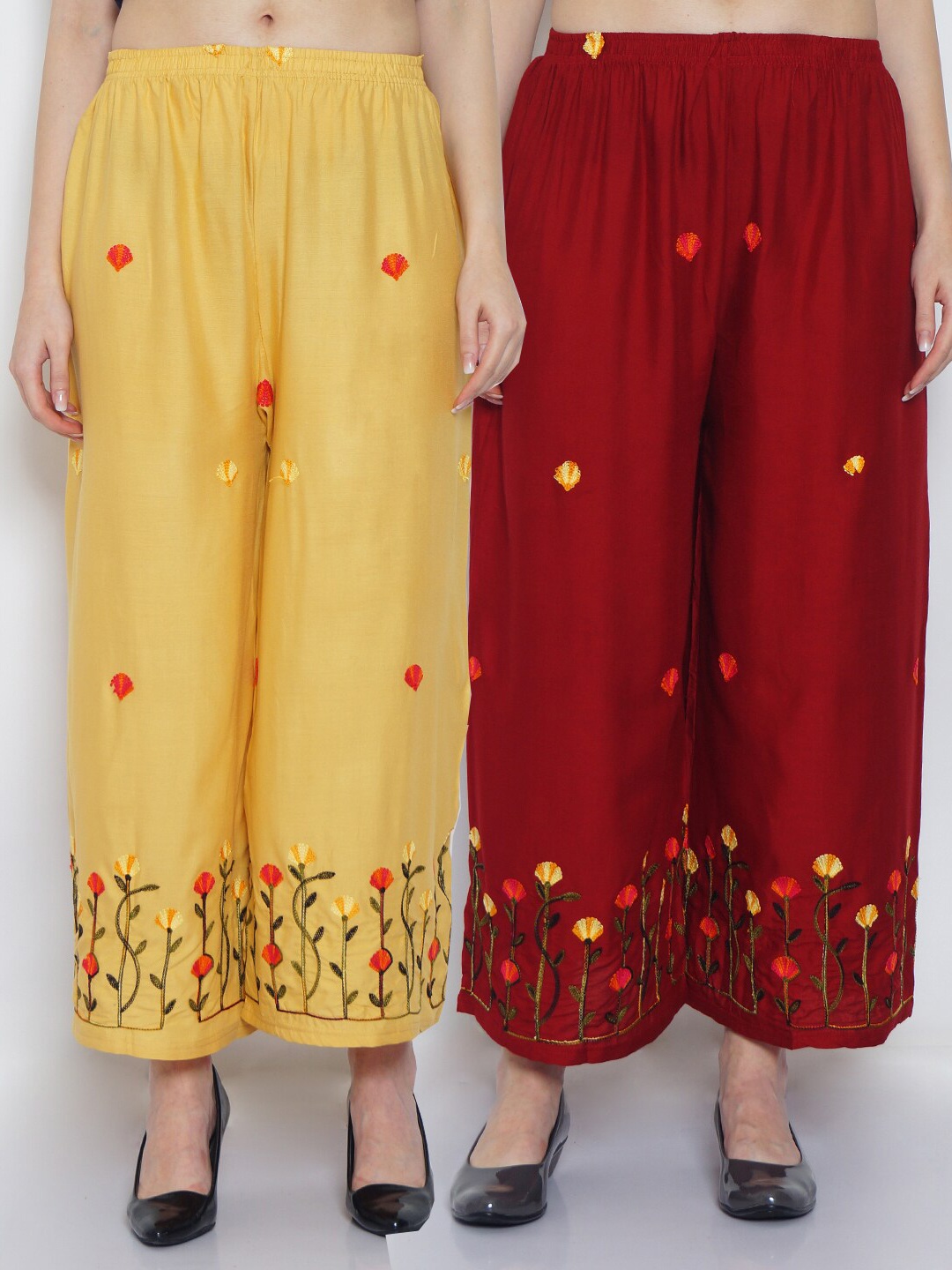 

Jinfo Women Yellow & Maroon Set Of 2 Floral Embroidered Flared Ethnic Palazzo