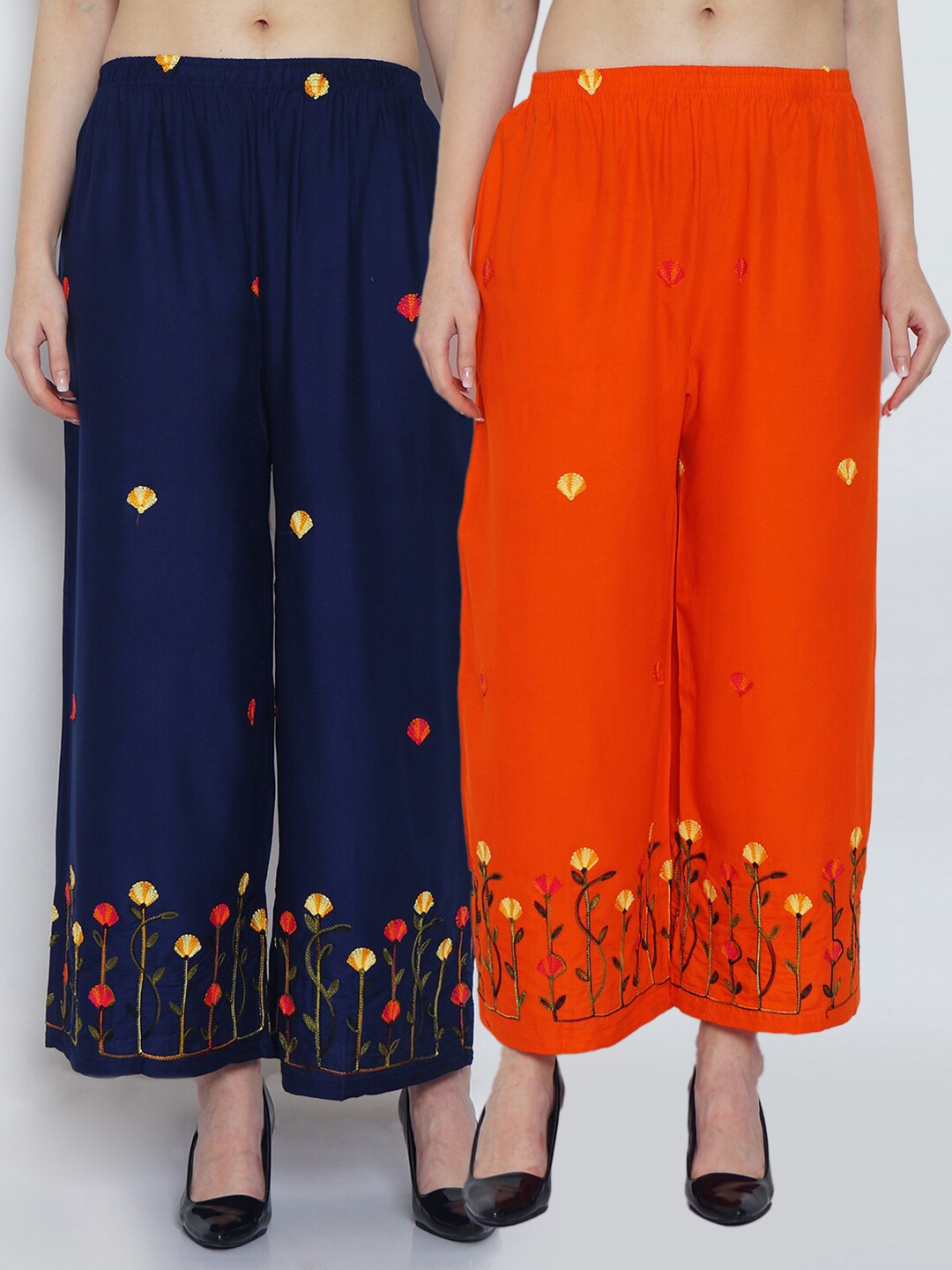 

Jinfo Women Pack of 2 Floral Embroidered Flared Ethnic Palazzos, Orange