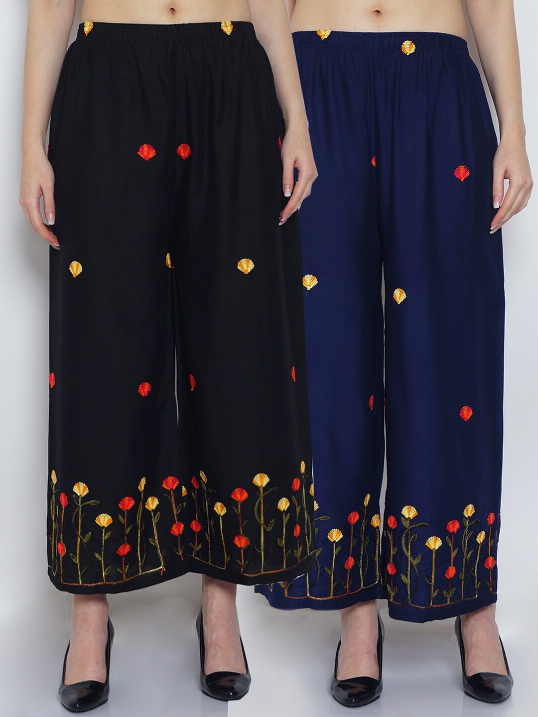 

Jinfo Pack Of 2 Floral Embroidered Flared Ethnic Palazzos, Black
