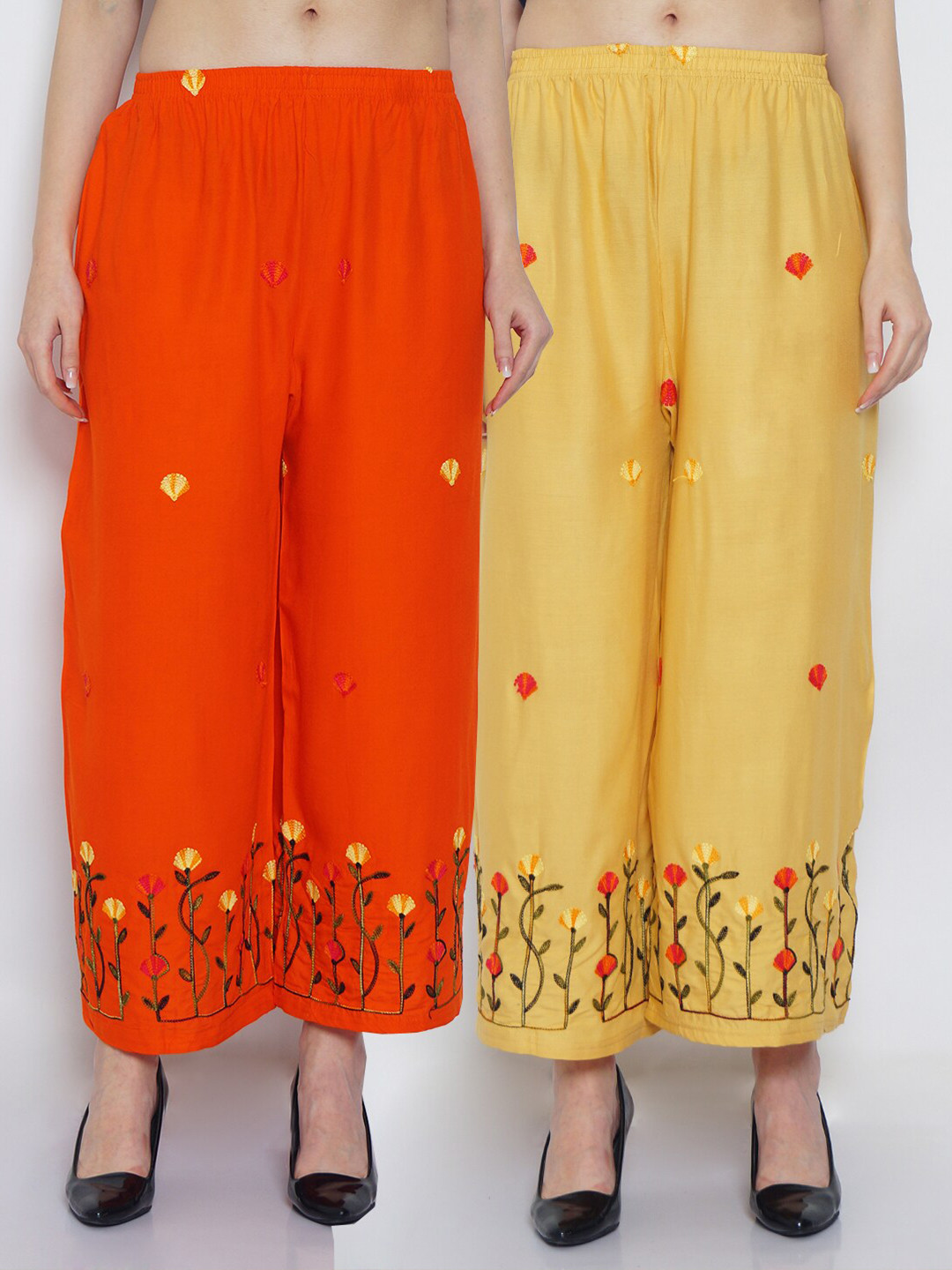 

Jinfo Women Pack Of 2 Orange & Beige Floral Embroidered Flared Knitted Ethnic Palazzos