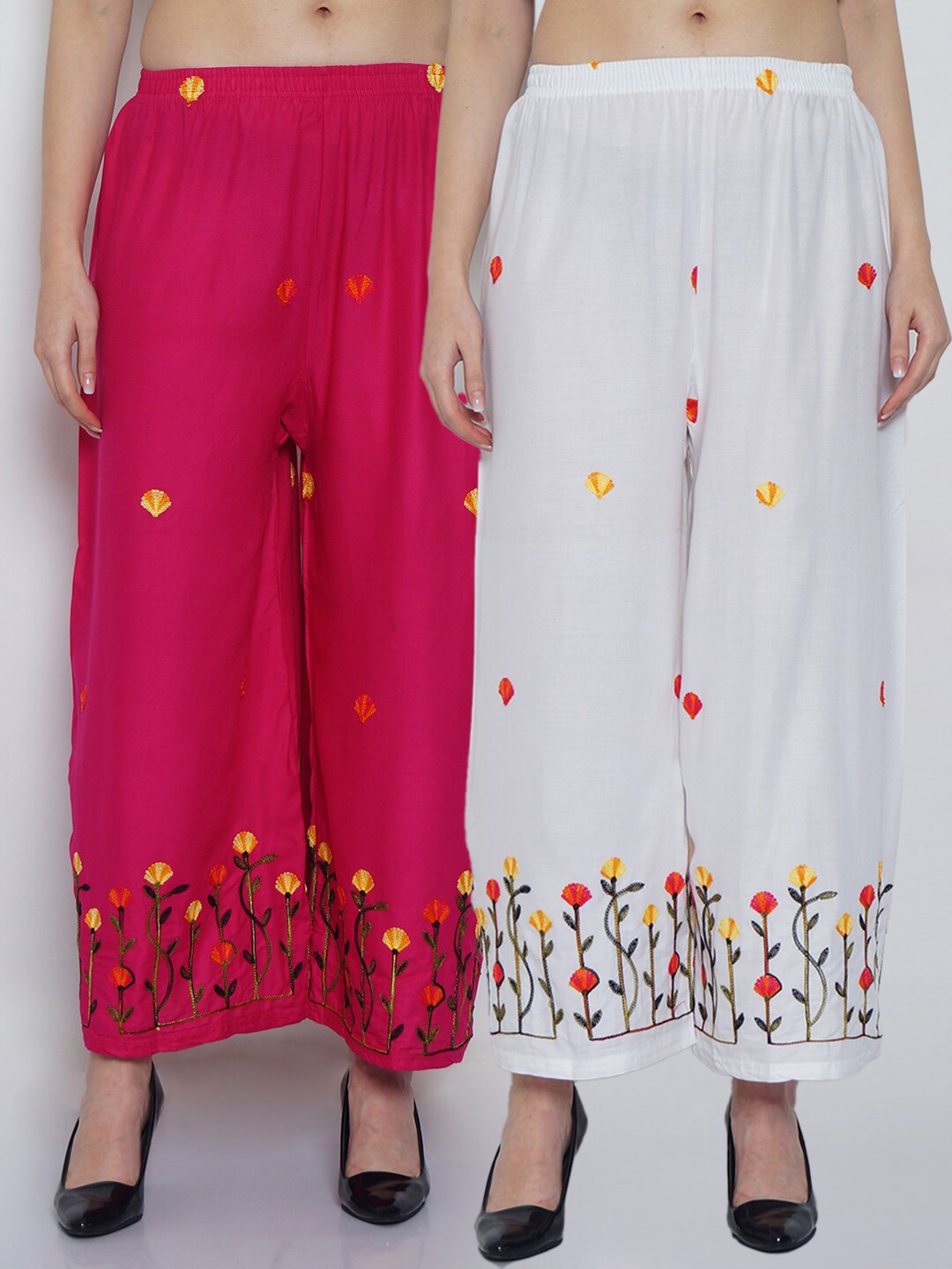 

Jinfo Women White & Pink Set Of 2 Floral Embroidered Flared Ethnic Palazzos