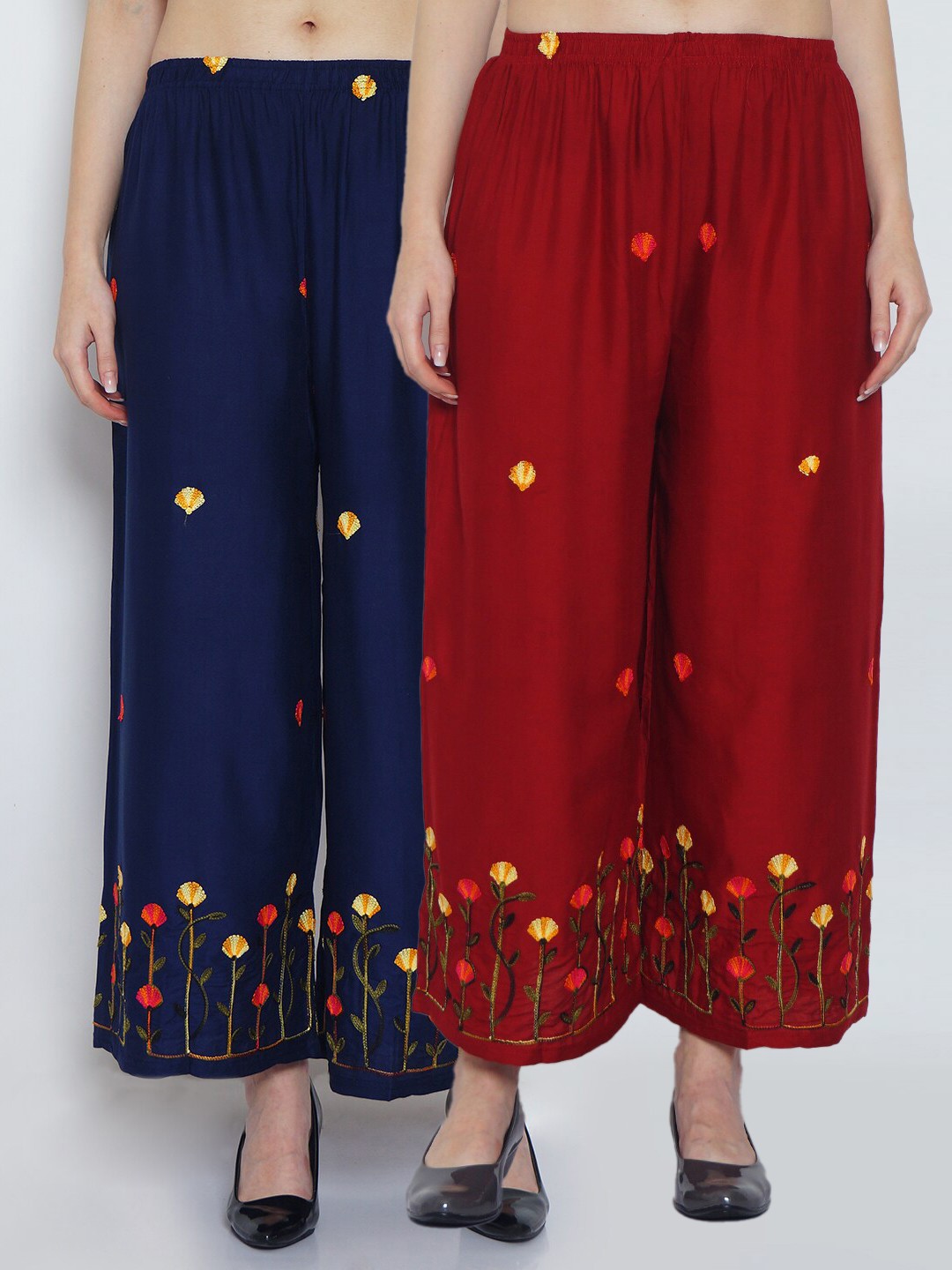 

Jinfo Women Pack of 2 Maroon & Navy Blue Ethnic Motifs Embroidered Ethnic Palazzos