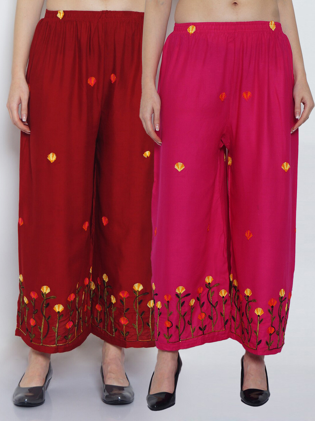 

Jinfo Women Pack of 2 Floral Embroidered Flared Ethnic Palazzos, Pink